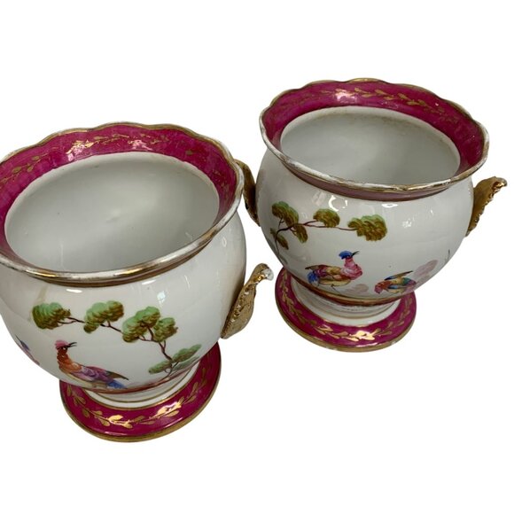VTG French Ceramic Pots Set Of Two 6" H X 5.5" Dia Gold Filigree Birds G10530 - Picture 4 of 9